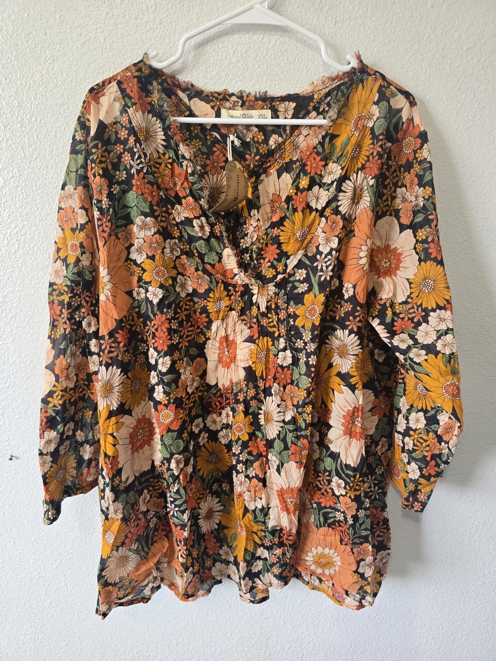 Natural Life Floral Tunic Top Orange Boho 70s Cotton Fray V-Neck Sheer XXL